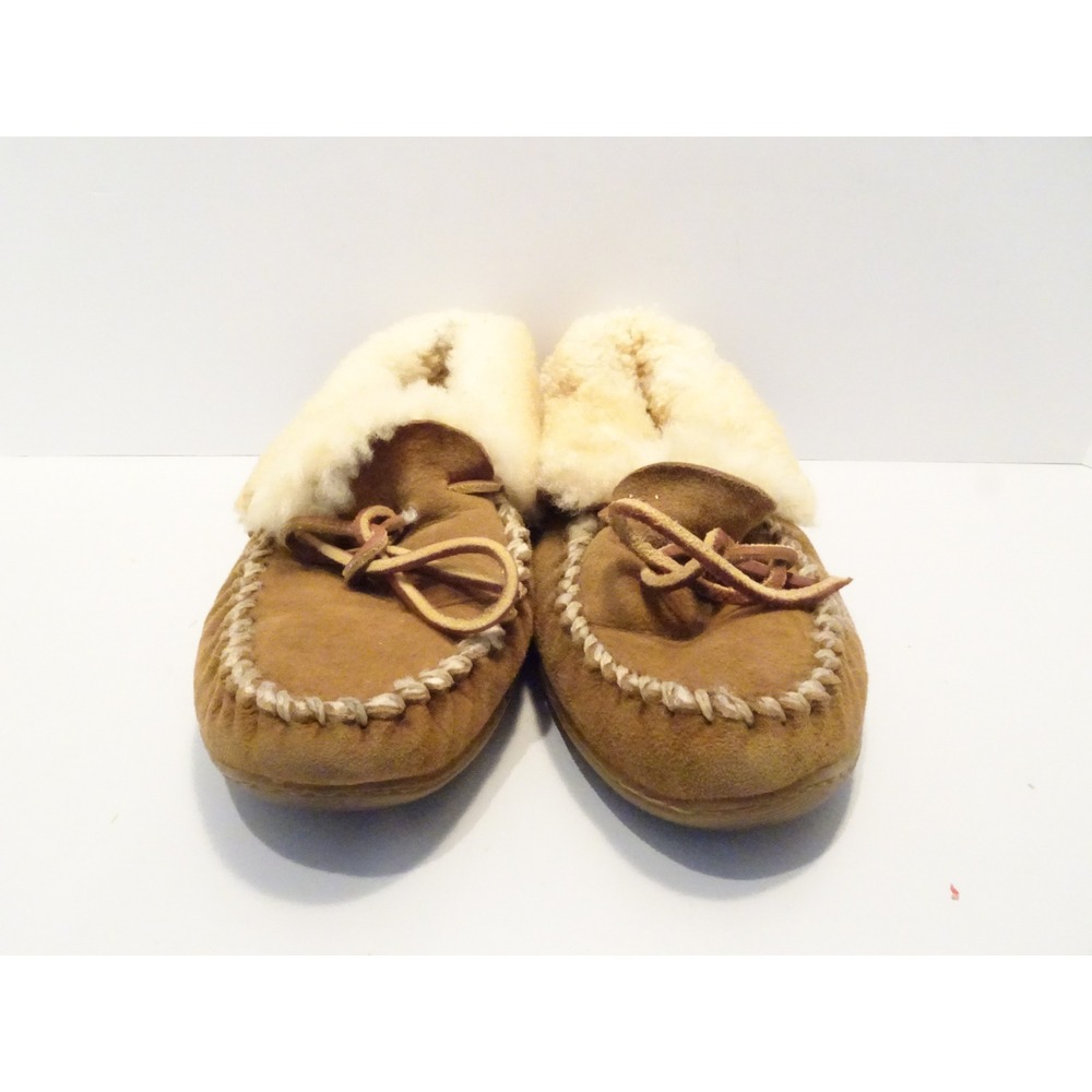 LL Bean Wicked Good Moccasins Shearling Slippers Brown Suede 7M Cozy